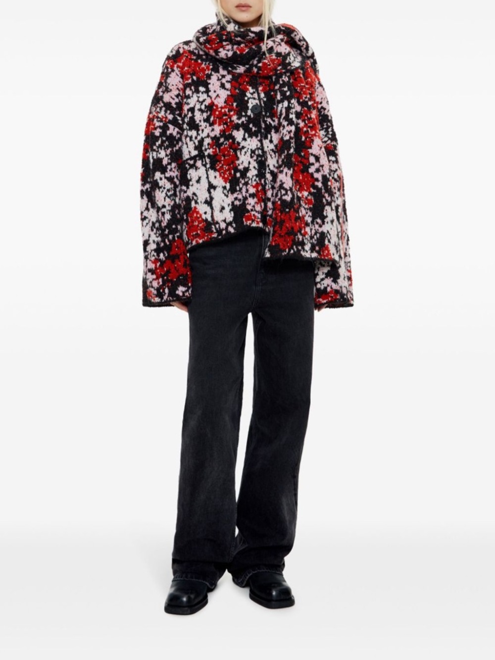 Bimba y Lola Jacquard Cardigan With Attached Scarf Red Black White